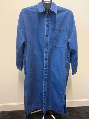 Tibi Indigo Blue Longline Denim Button-Down Shirt.Armpit to armpit 22in Arm l